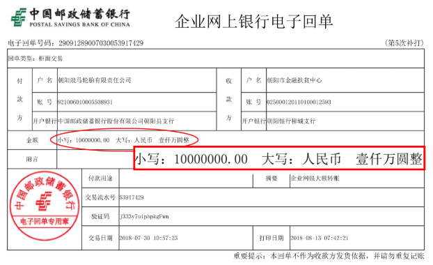 我公司捐資1000萬，助力朝陽扶貧攻堅